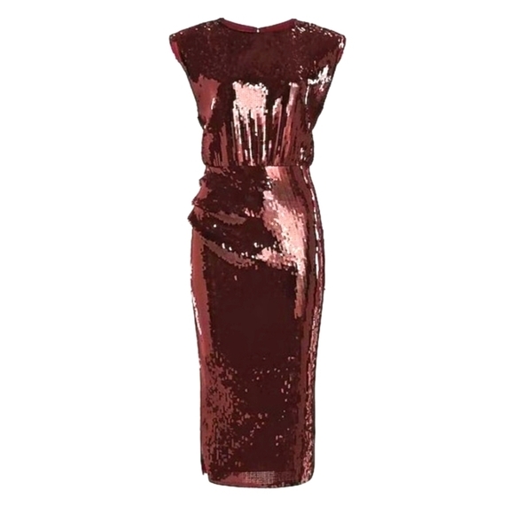 Express Sequined Midi Dress Capped Sleeves Oxblood - Picture 1 of 17